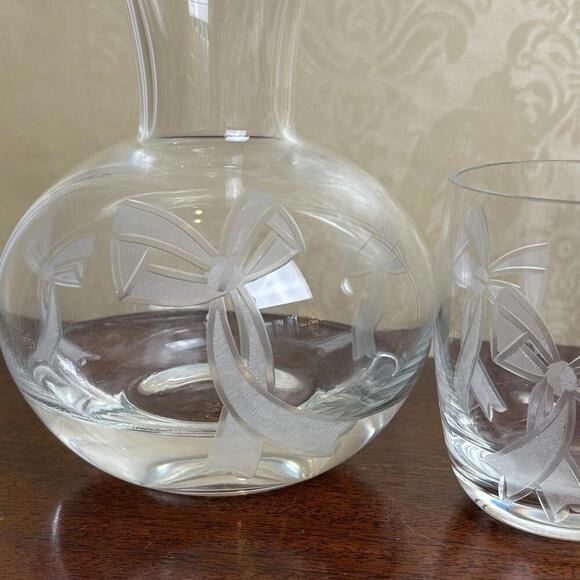 Tiffany & Co. Bow Tumble Up Bedside Carafe Etched Glass Bows Not Marked Stamped - Picture 10 of 12